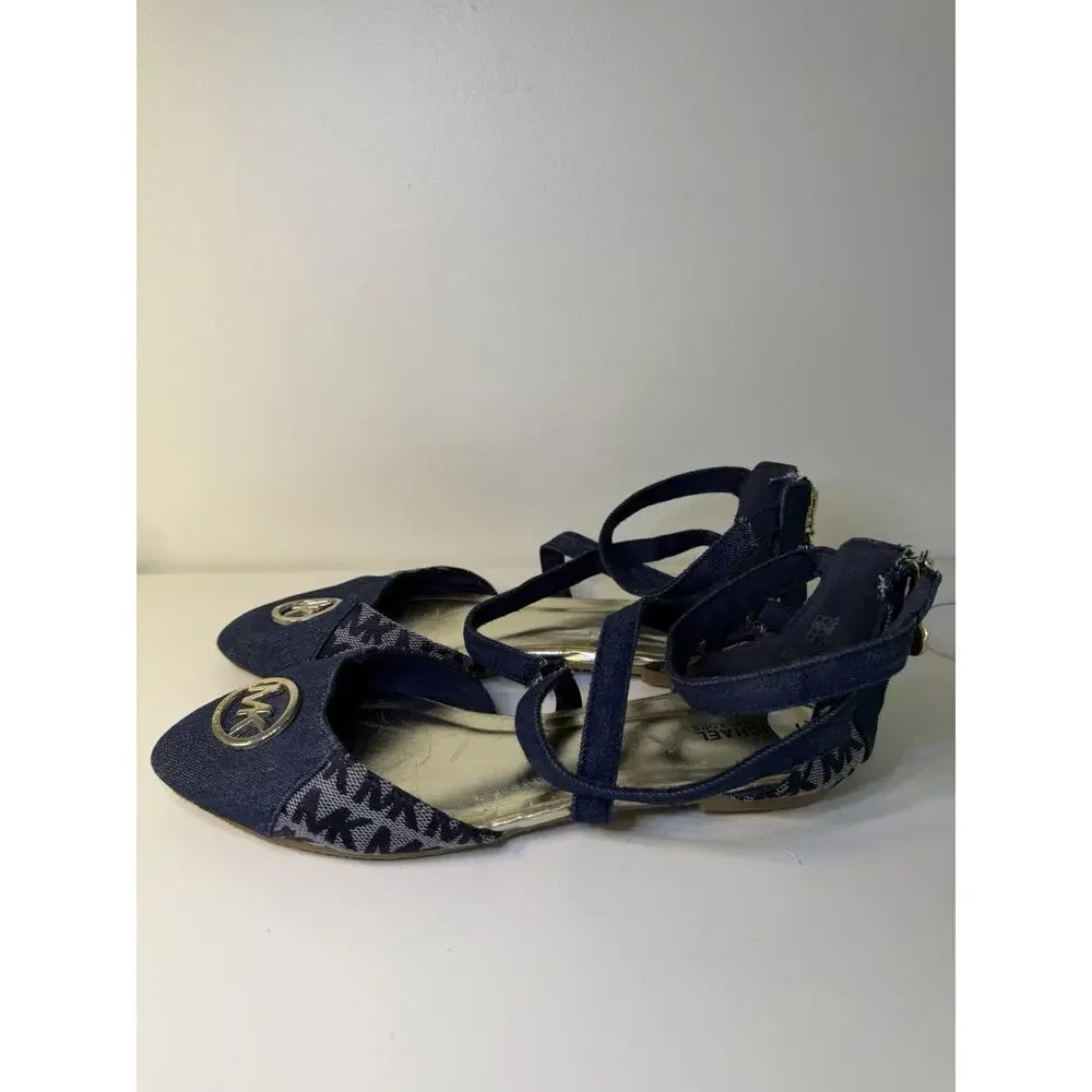 Michael Kors Denim Flats Girls 3 Navy MK Logo Monogram Strappy Point Toe Shoes